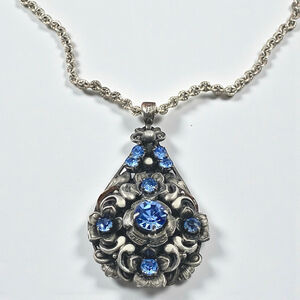 Antique Art Nouveau Max Neiger Czech Blue Rhinestone Silver Pendant Necklace